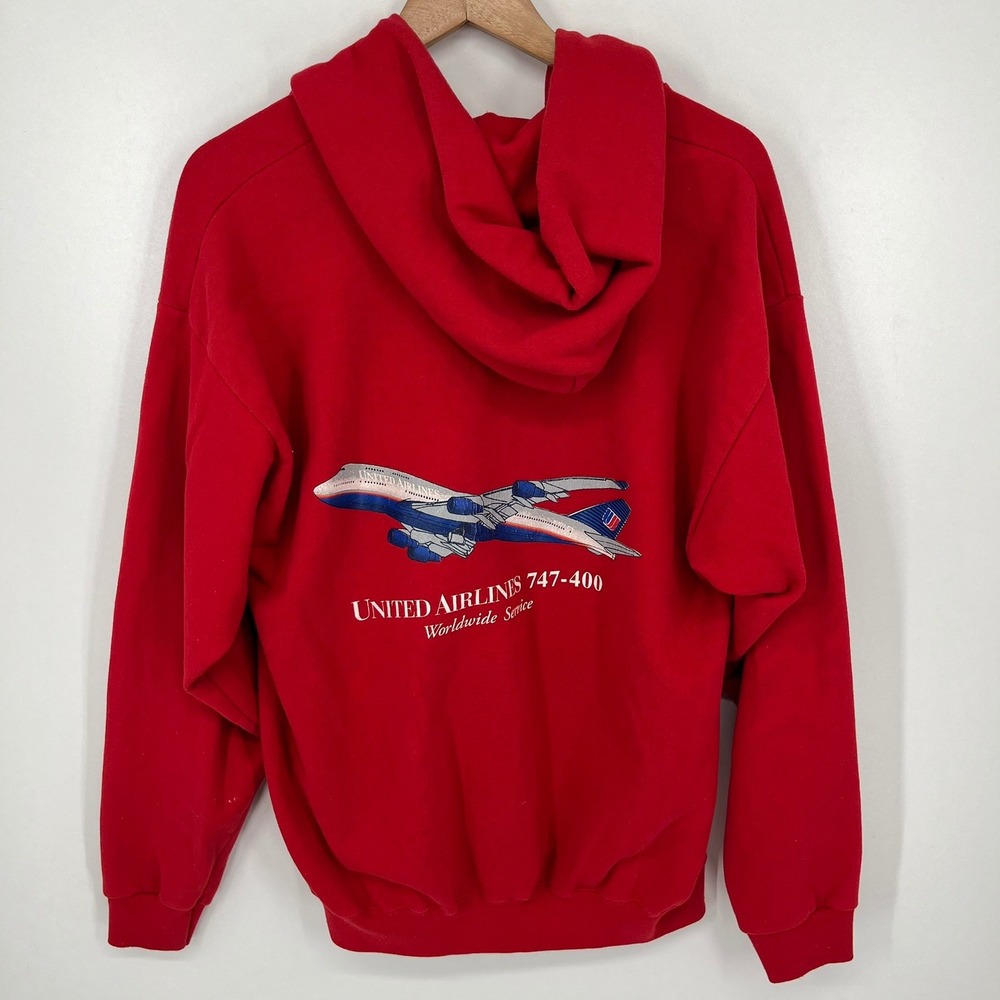 Vintage Santee United Airlines 747-400 Red Zip Up Hoodie Mens Large USA Made
